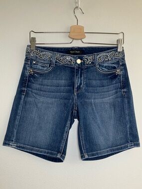 White House Black Market | Dark Blue Embellished & Whiskered Denim Shorts